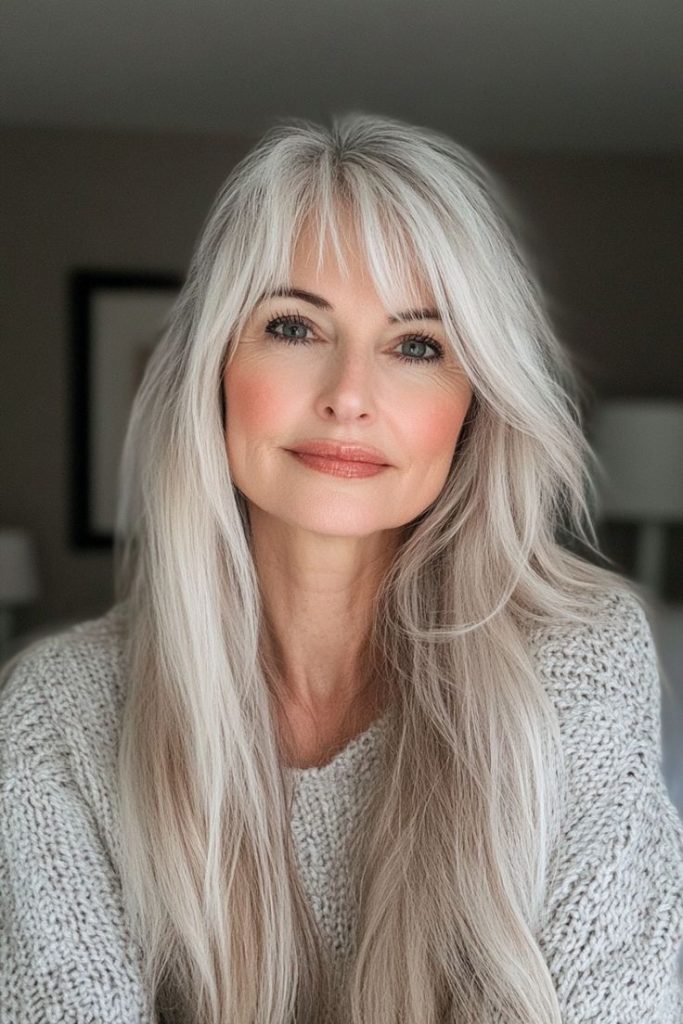 Long Layers with Subtle Bangs for Gray Hair