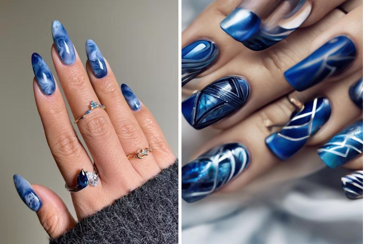 Abstract nail art sapphire blue