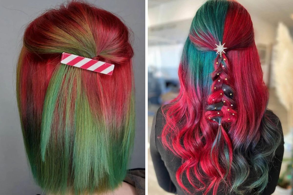 Penteados cores de cabelo temporárias em vermelho e verde