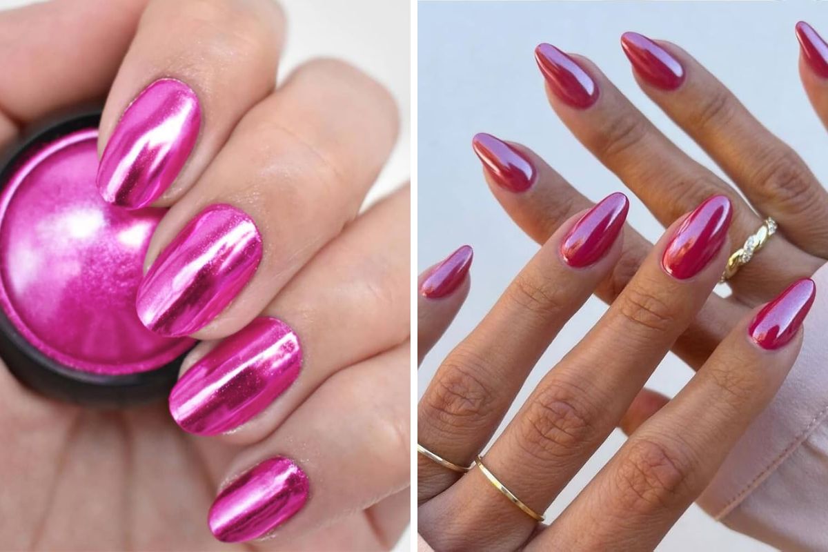 reflective pink chrome nails