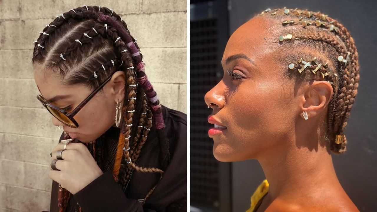 metallic accessories in cornrows