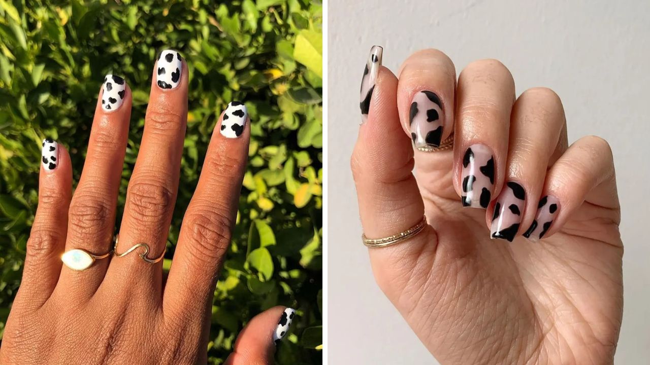 classic black and white cow print nails