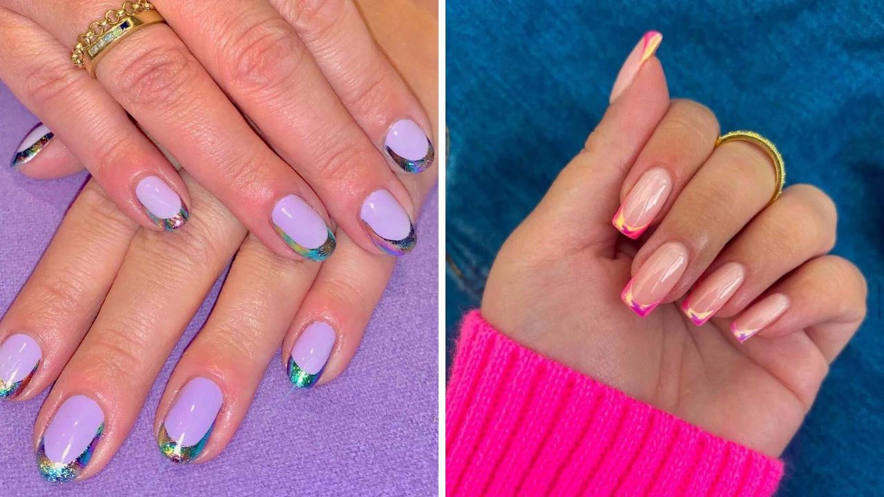 neon and chrome French manicure