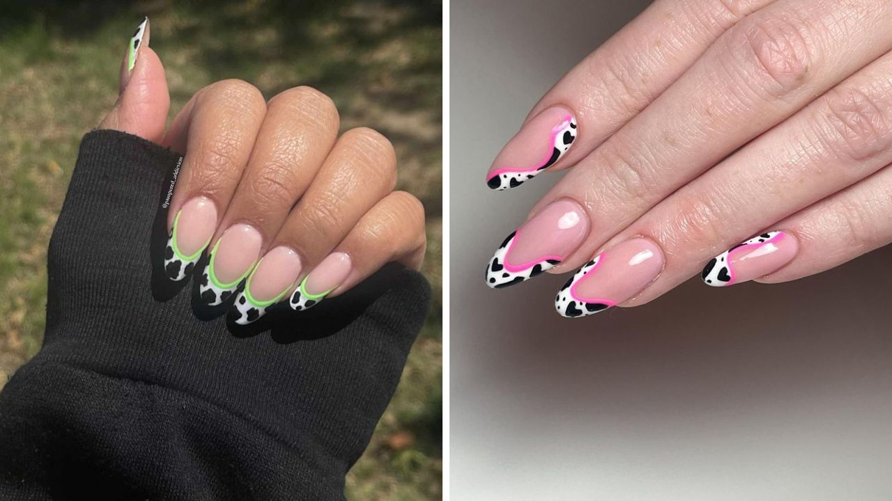 neon-highlighted cow print French tips