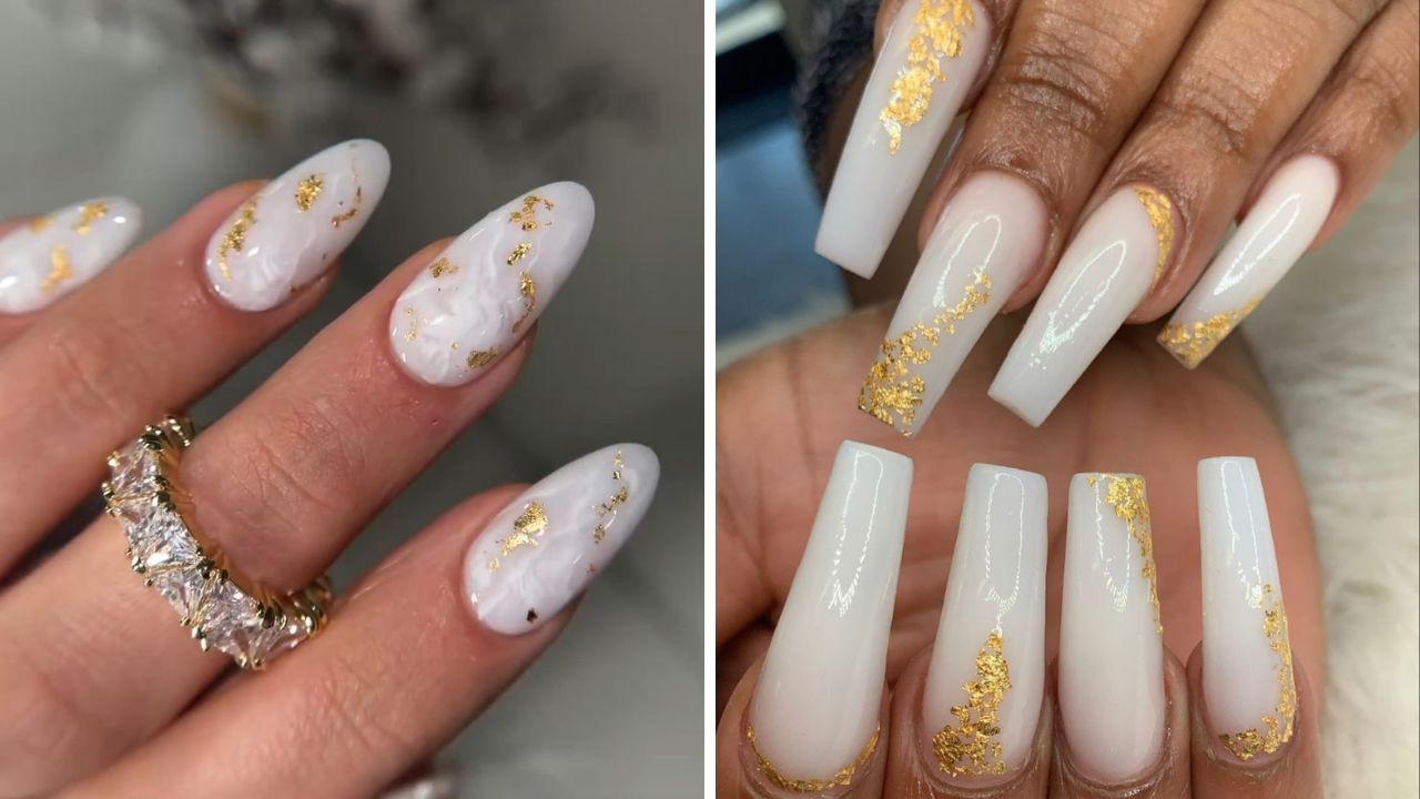 white nails with gold foil