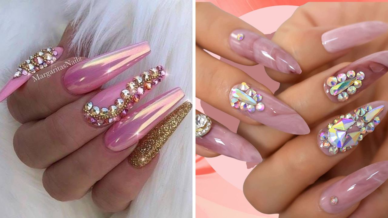 Luxe Chrome and Rhinestone pink nails Designs