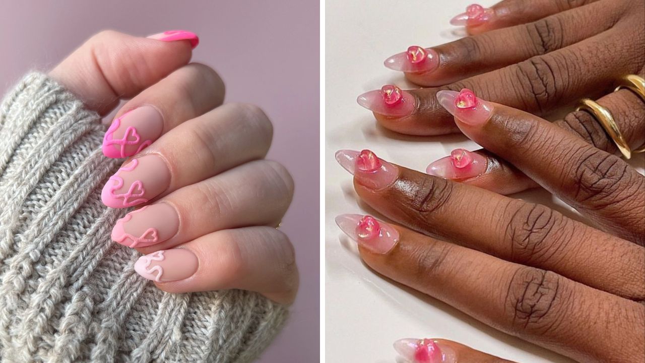 Pink 3D Heart nails