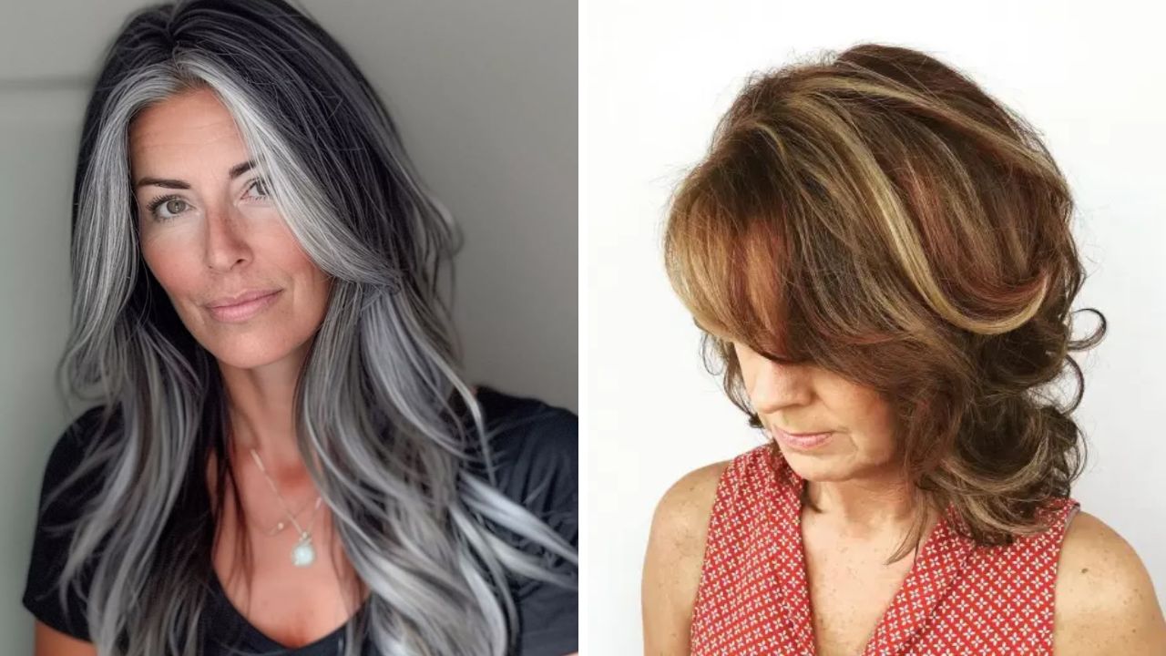 black with silver balayage and rich brown with babylights for Women Over 50