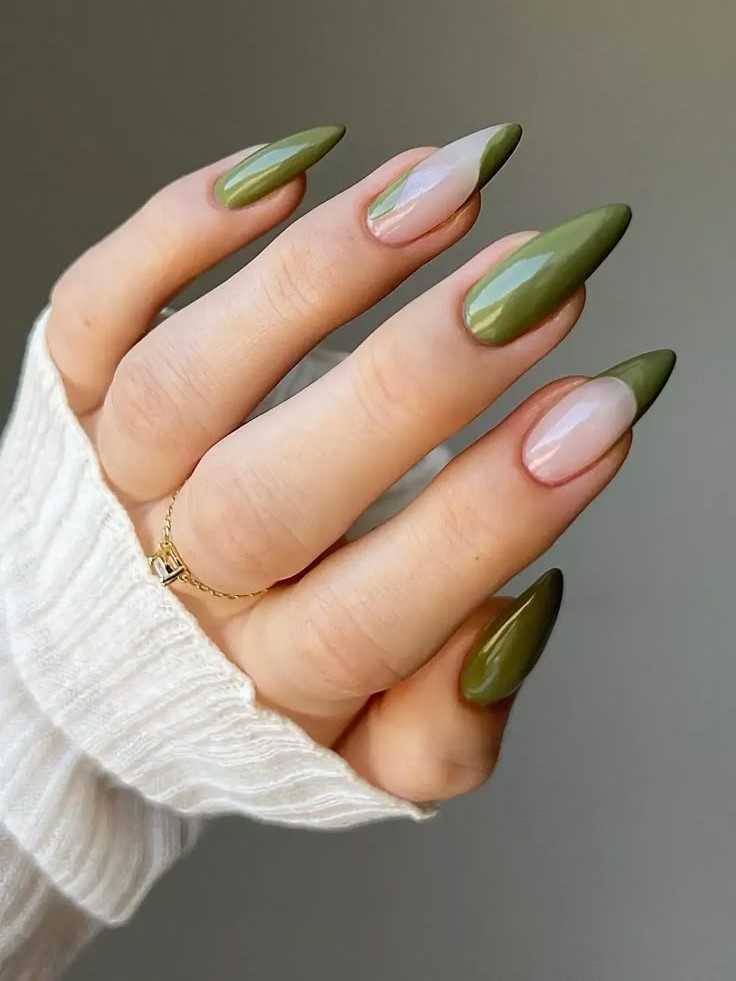 Olive green spring dip nails